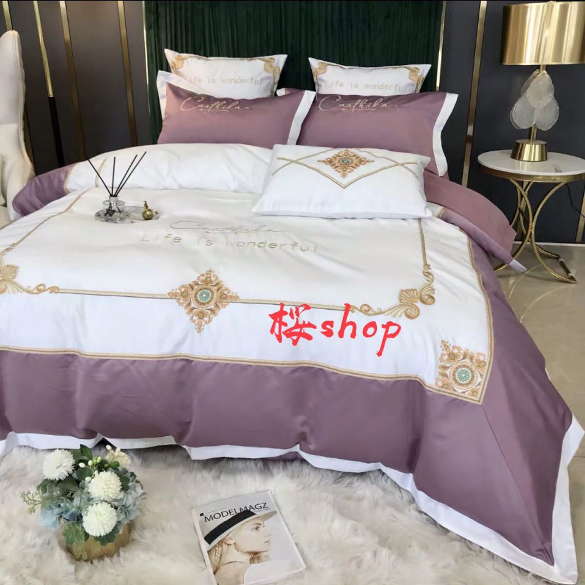 A003867高級ワイドダブル ベッド用品4点セット ．寝具 ボックスシーツ　枕カバー掛け布団カバー ベッド..