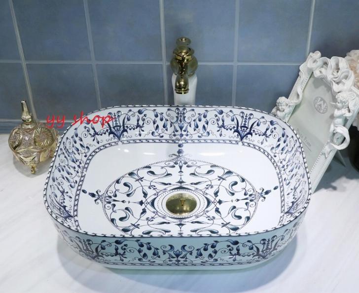A0179750121F21豪華洗面ボウルセット陶器洗面台 トイレ 手水鉢 手洗器 手洗い鉢 洗面器　蛇口 排水金具付き