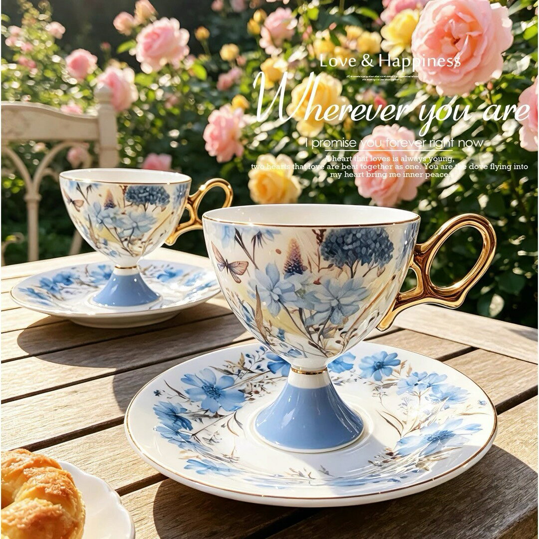 ティーセット2客カップ＆ソーサー 花柄 フラワー高級感 陶磁器コーヒー...