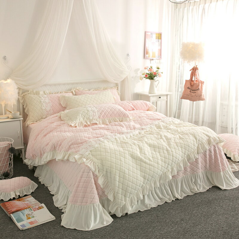 A001389BS7冬用フランネル寝具 ワイドダブル ベッド用品4点セット ボックスシーツ ピンク