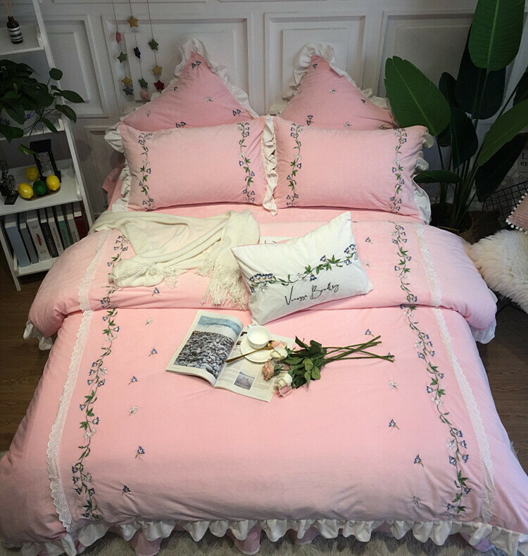 A001399BS11冬用フランネル寝具 ワイドダブル ベッド用品4点セット ボックスシーツ ピンク