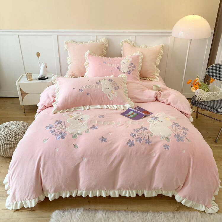 A001437BS26冬用フランネル寝具 ワイドダブル ベッド用品4点セット ボックスシーツ ピンク