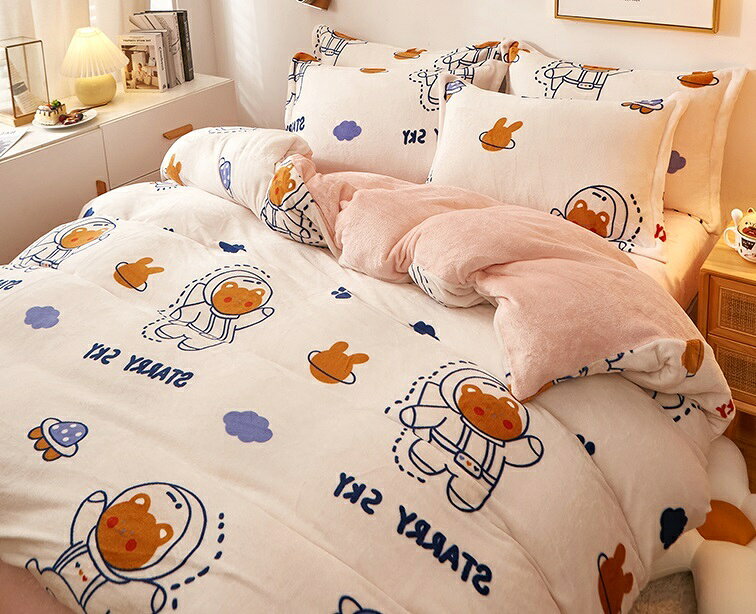 A010235BS32冬用フランネル寝具 ワイドダブル ベッド用品4点セット ボックスシーツ