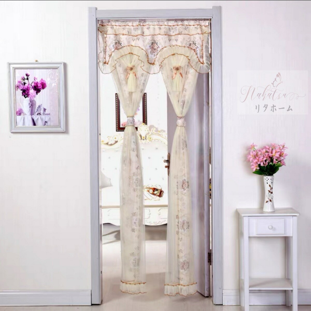 A024095のれん ロング レース フラワー柄 姫系雑貨 暖簾 間切り レース 90x180