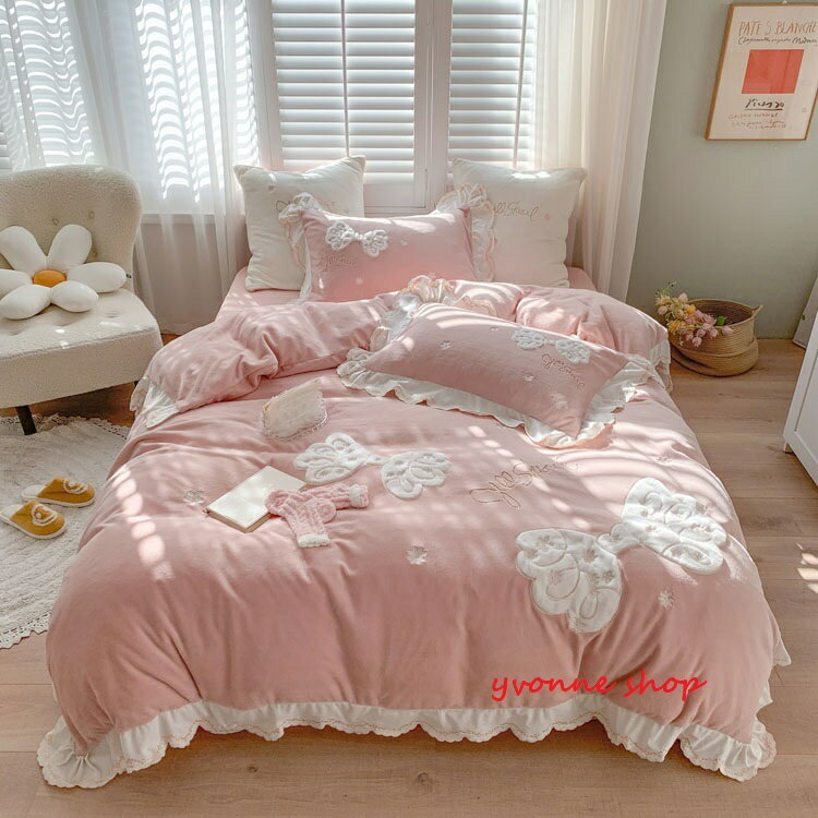 A001378BS3冬用フランネル寝具 ワイドダブル ベッド用品4点セット ボックスシーツ ピンク