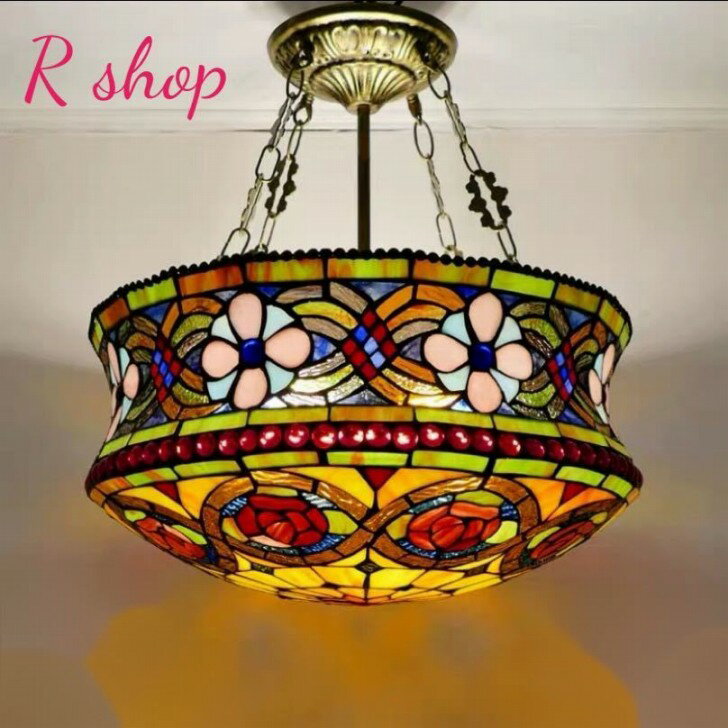 A040828豪華天井照明ステンドグラスランプ ペンダントライト ガラス工芸品 ステンドグラス 電源直結タ..