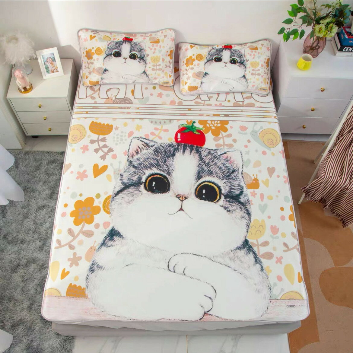 A042451夏用冷感ベッド シート3点セット 寝具 敷パット シングルサイズ 150x200cm 猫柄雑貨 [2]