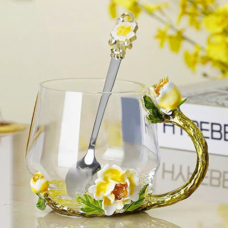 ガラス製ティー・コーヒーカップセット ~カップ2点セット 花柄 上品琺瑯彩カップ