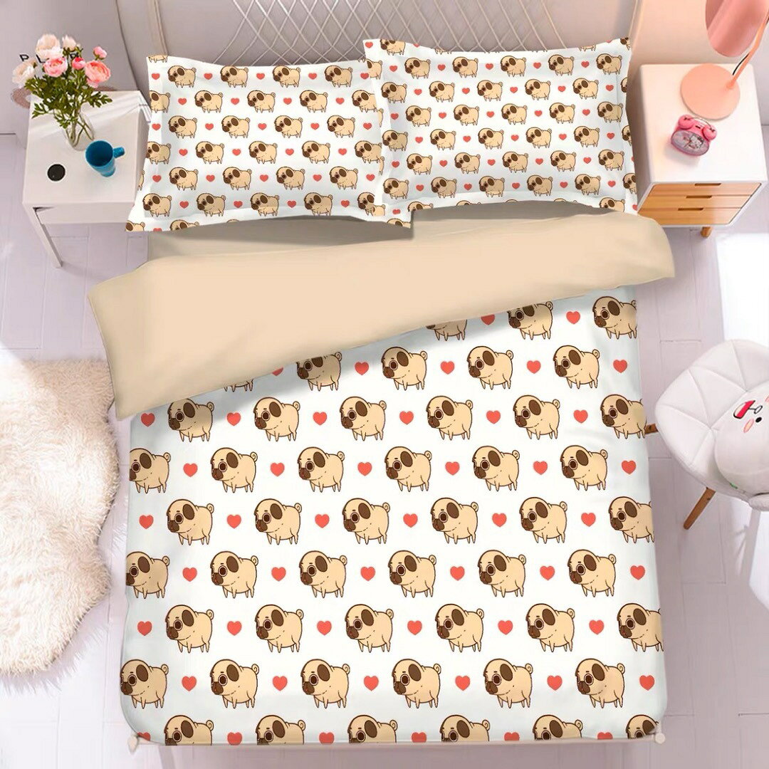 A019116ワイドダブル ベッド用品4点セット ．寝具 枕カバー掛け布団カバー パグ雑貨