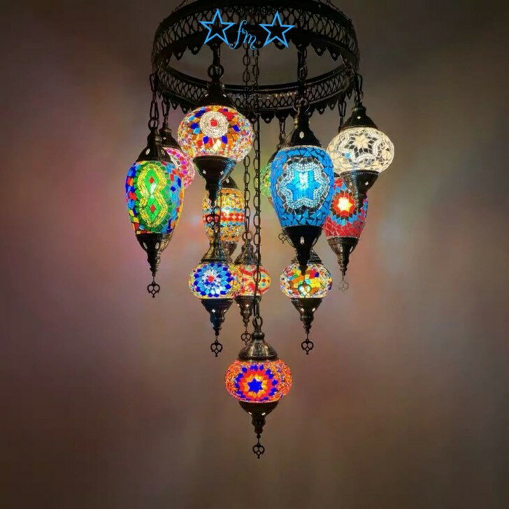 A056789ボヘミア調 トルコ モロッコ風ペンダントライト 手作りモザイクステンドグラス アンティーク調 シャンデリア 天井照明 電源直結タイプ [2]