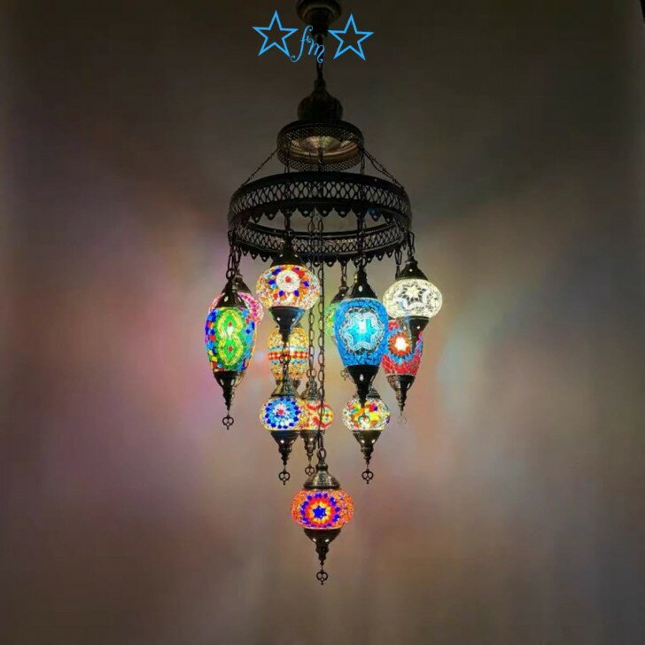 A056789ボヘミア調 トルコ モロッコ風ペンダントライト 手作りモザイクステンドグラス アンティーク調 シャンデリア 天井照明 電源直結タイプ [3]