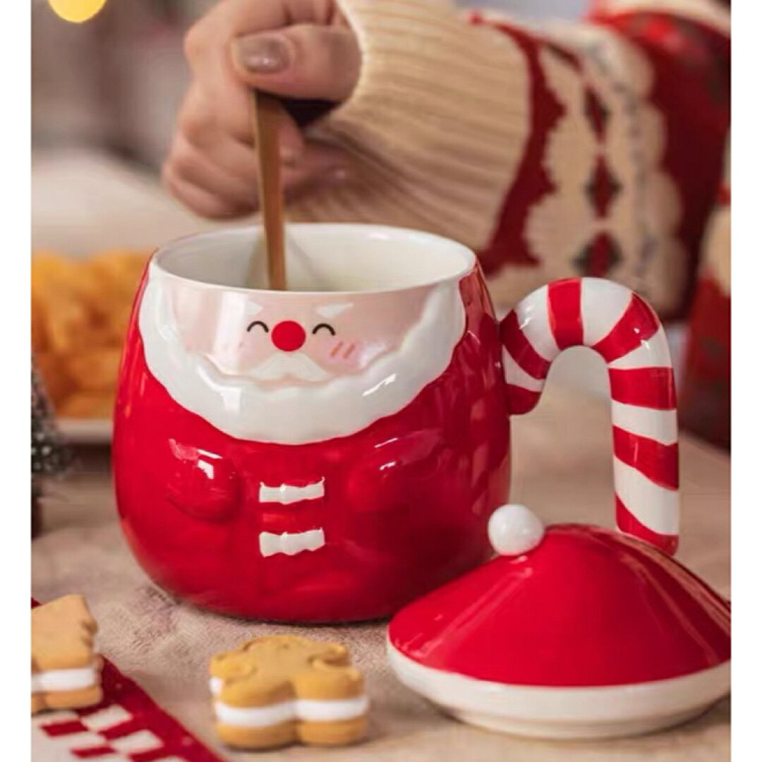 A060468マグカップ 蓋付きクリスマス コップ サンタクロースティーカップ 陶器