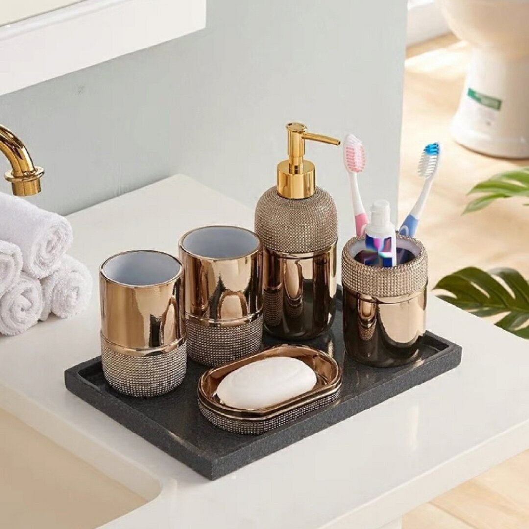 A031308高級サニタリー6点セットディスペンサー 歯ブラシスタンド ．洗面所用品