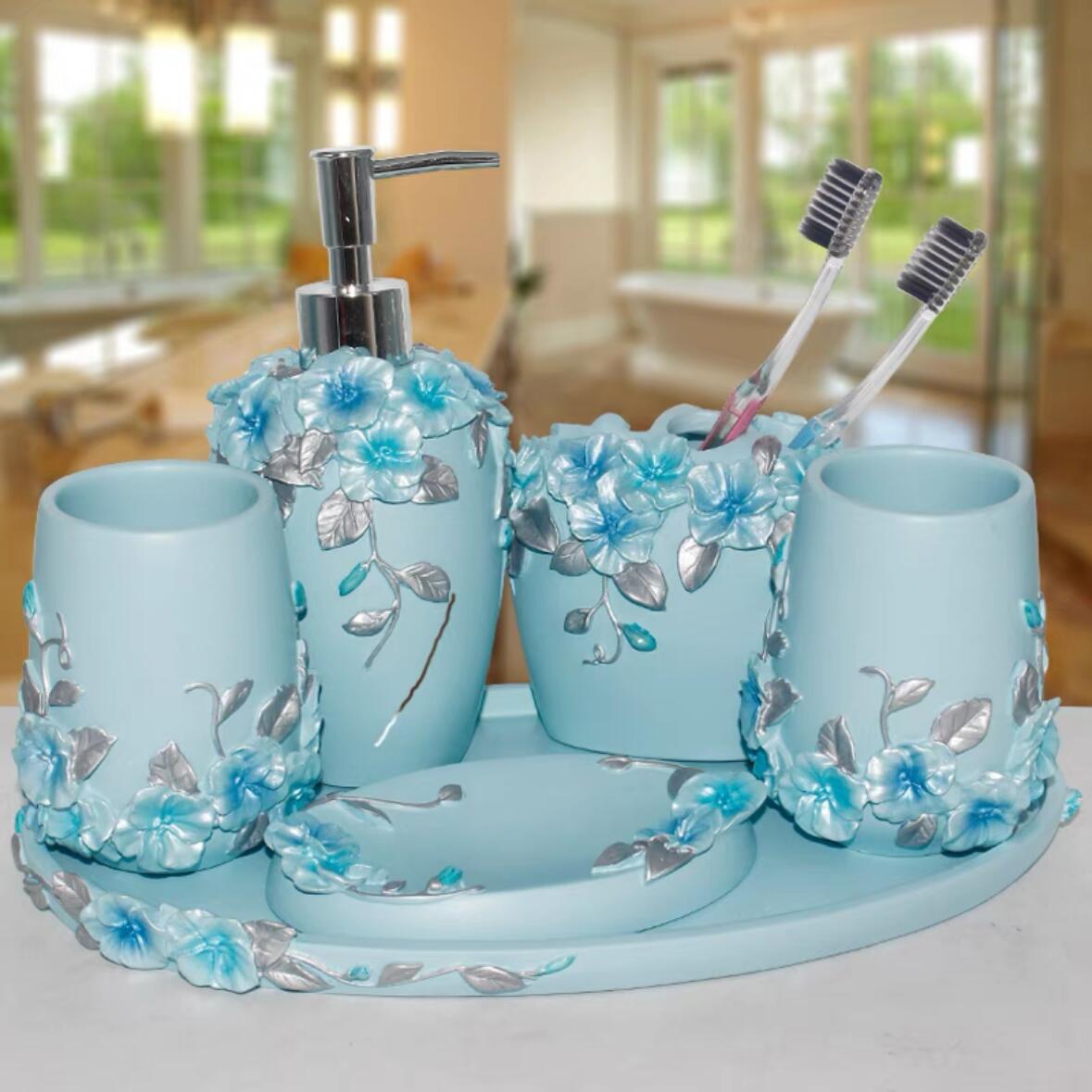 A002546高級サニタリー6点セットディスペンサー 歯ブラシスタンド 洗面所用品 トレー付き