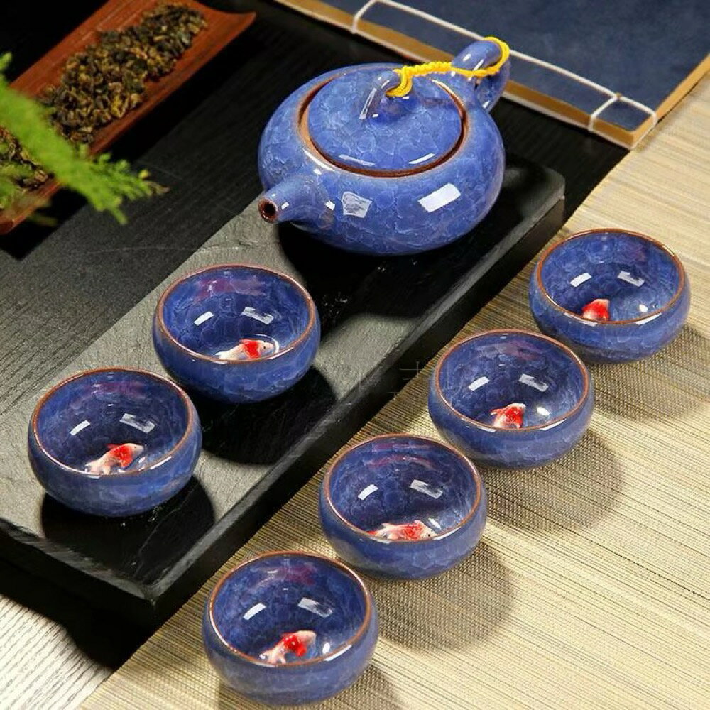 A0355466客茶器揃 茶器セット お茶 陶器 湯呑み 急須茶器セット 立体金魚型