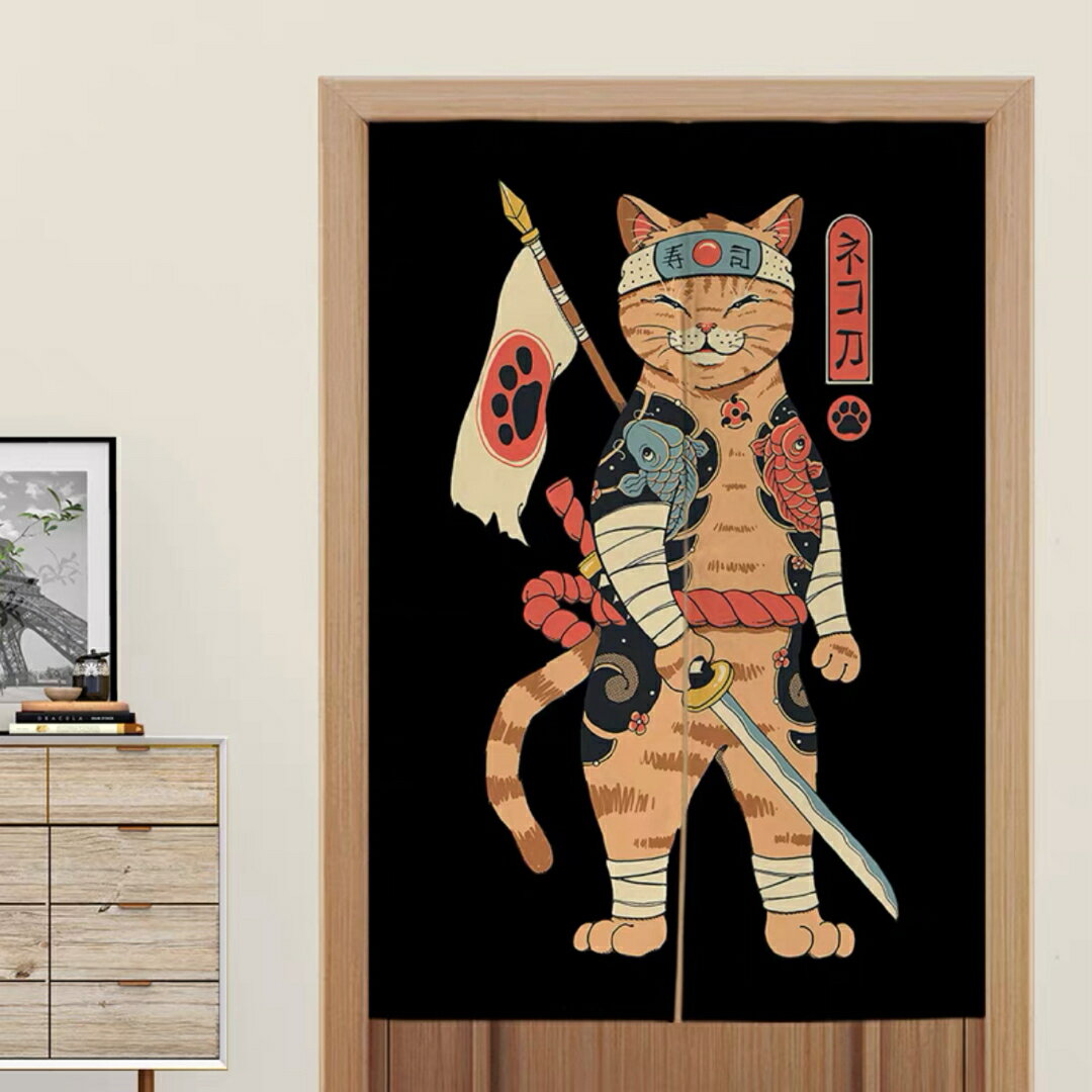 A037774目隠し 玄関カーテン のれん ロング暖簾80×140 和風 間仕切り 猫柄ネコ