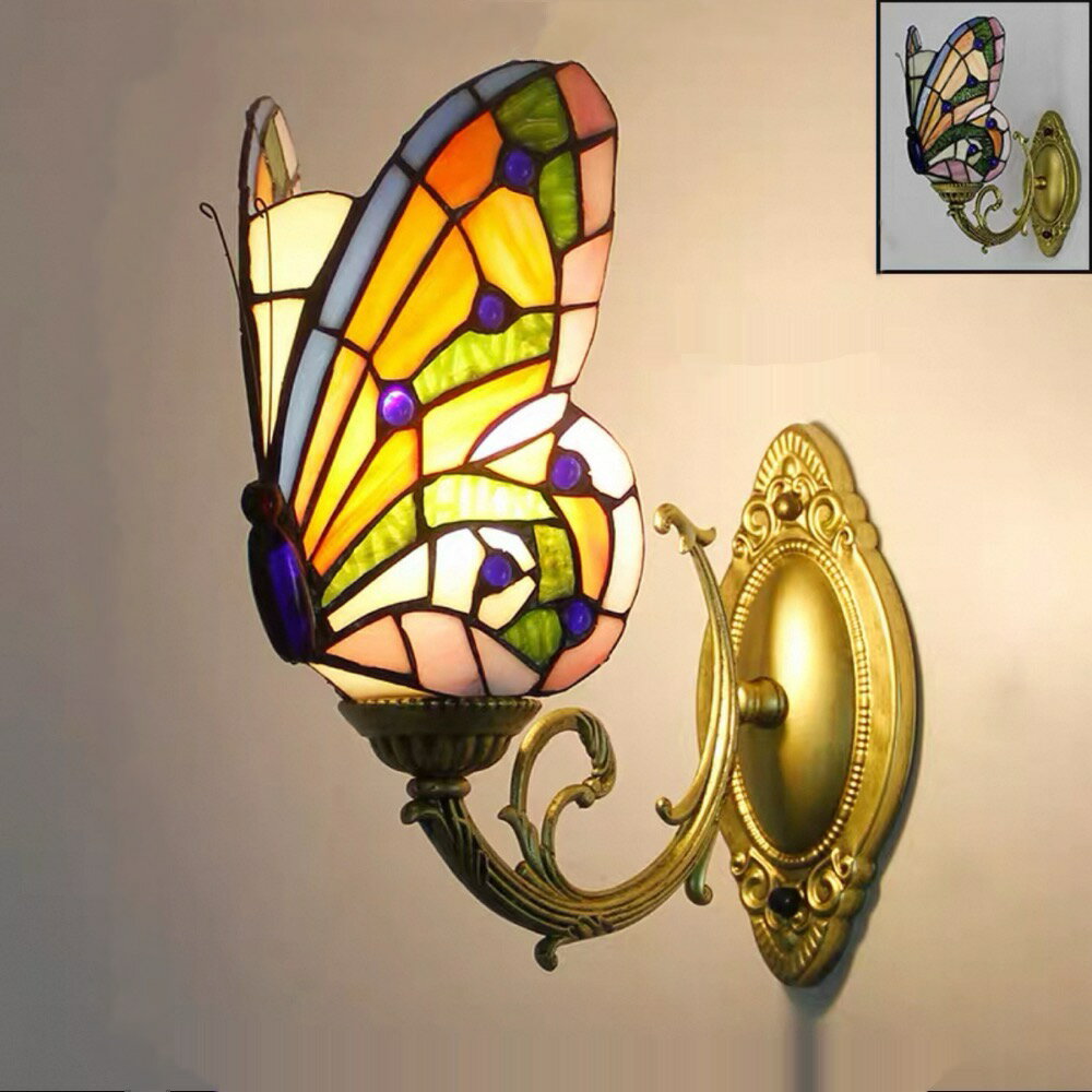 A026290壁掛け照明 ステンドグラス ランプ 壁掛け灯 ガラス工芸品 ．チョウチョウ