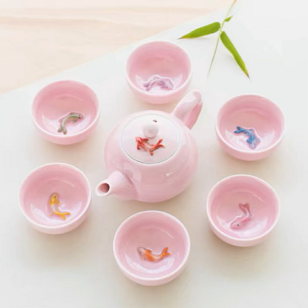6客茶器揃 茶器セット お茶 陶器 湯呑み ピンク 急須茶器セット 立体金魚型