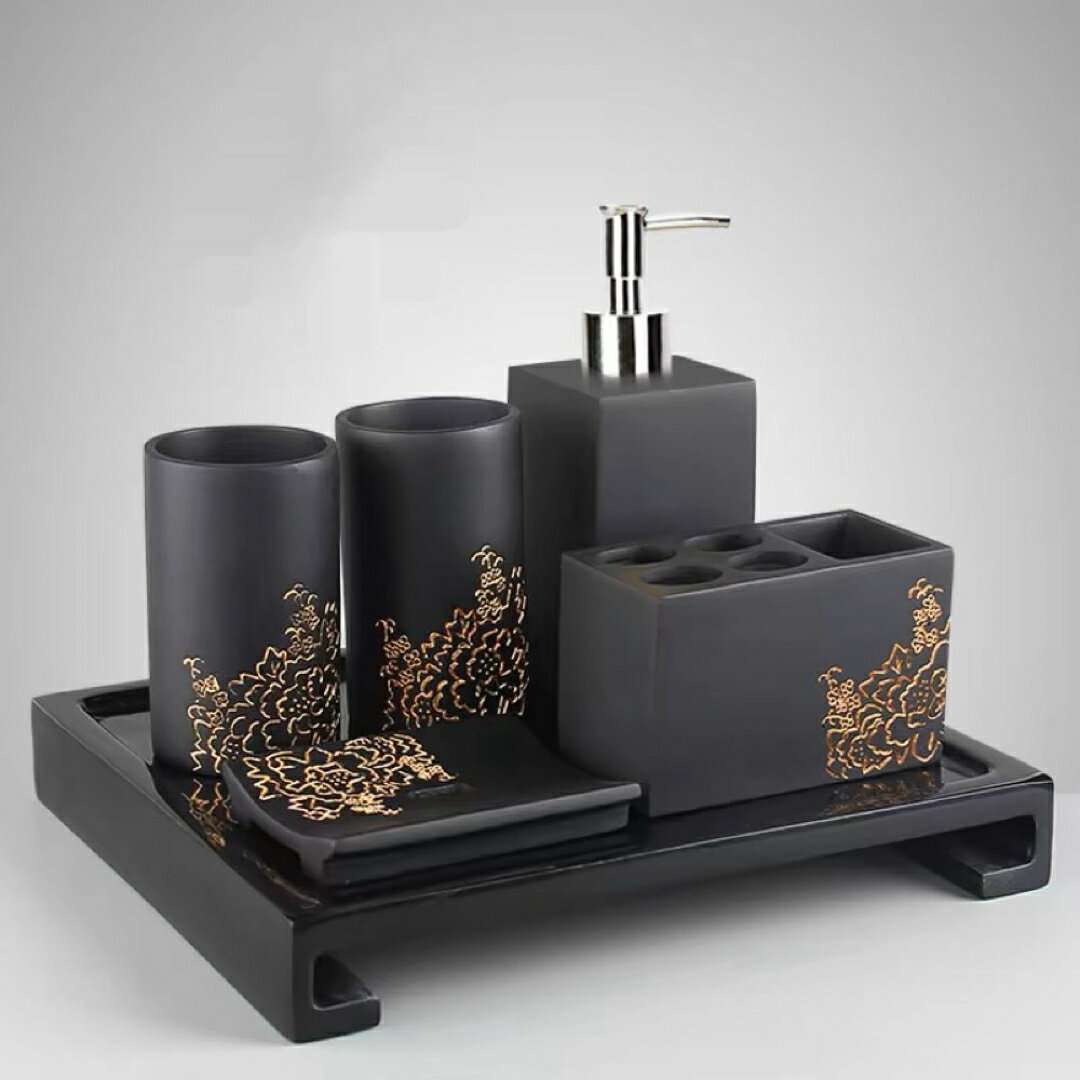 A038227高級感サニタリー6点セットディスペンサー 歯ブラシスタンド ．洗面所用品