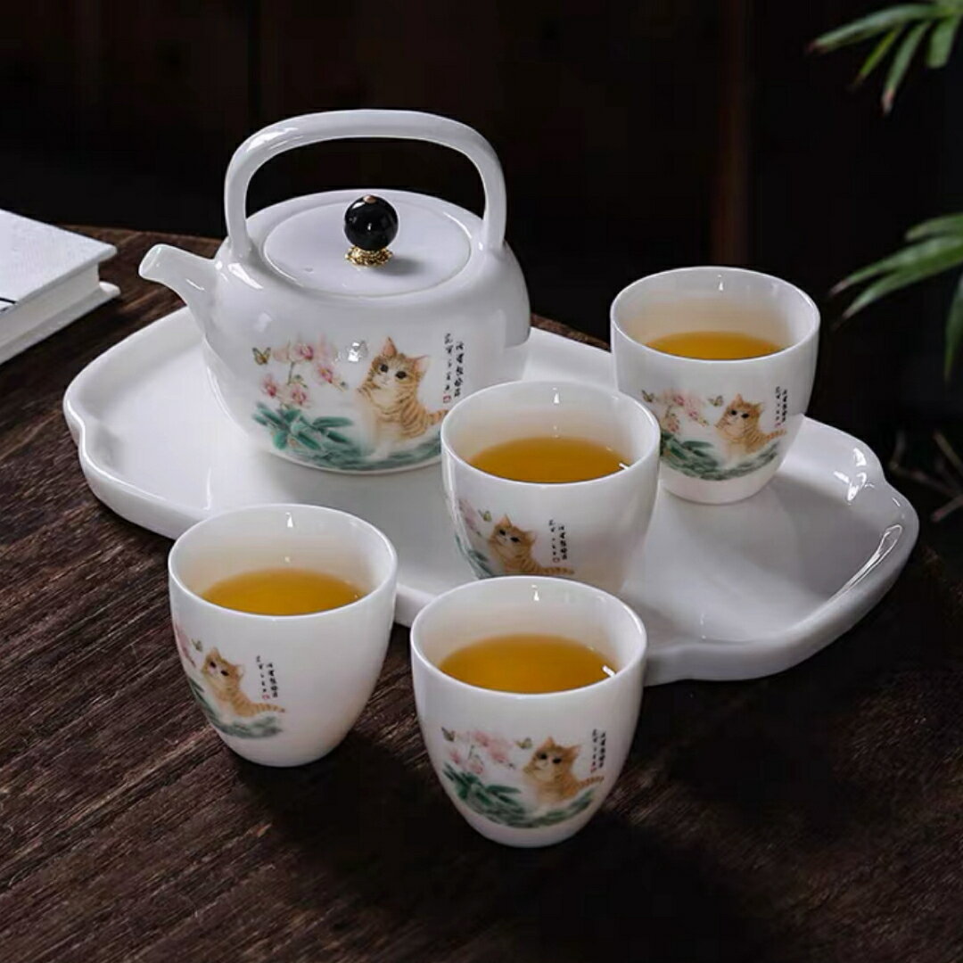 A0383994客茶器揃 湯呑 急須 ポット 茶器セット ティーセット 食器 和風 猫柄