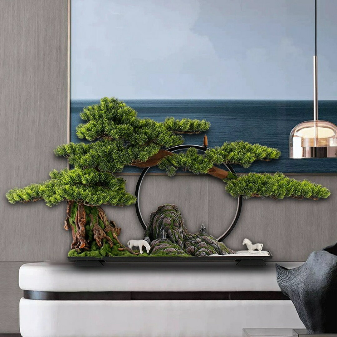 A039182インテリアグリーン 高級模造迎客松盆栽 置物 禅意迎客松盆栽装飾品人工観葉植物