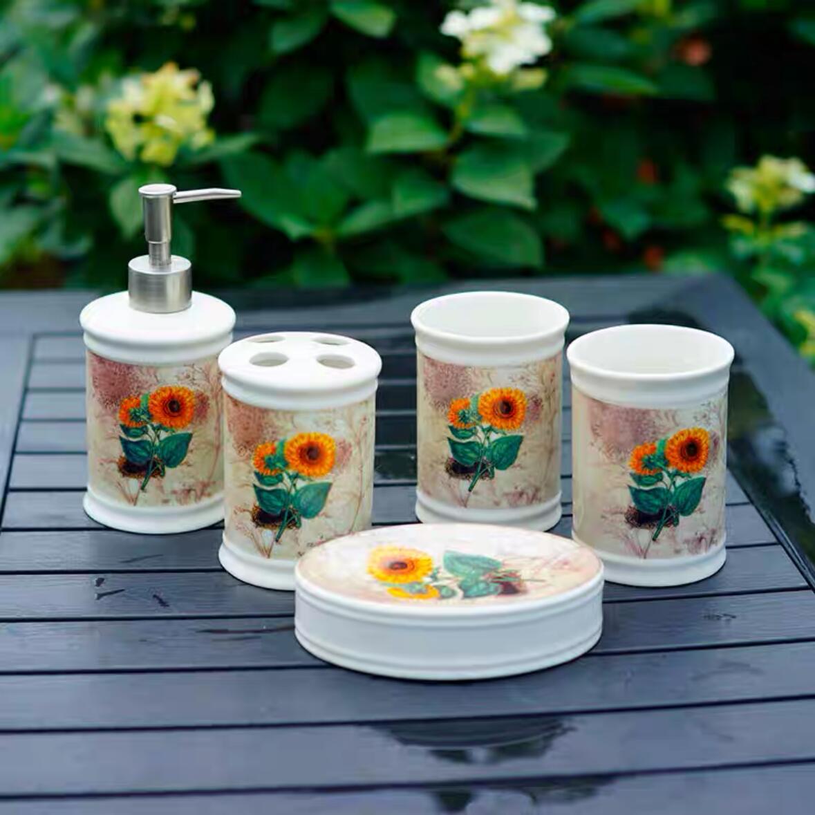 A020697洗面用品 サニタリー5点セットディスペンサー 歯ブラシスタンド 洗面所 向日葵
