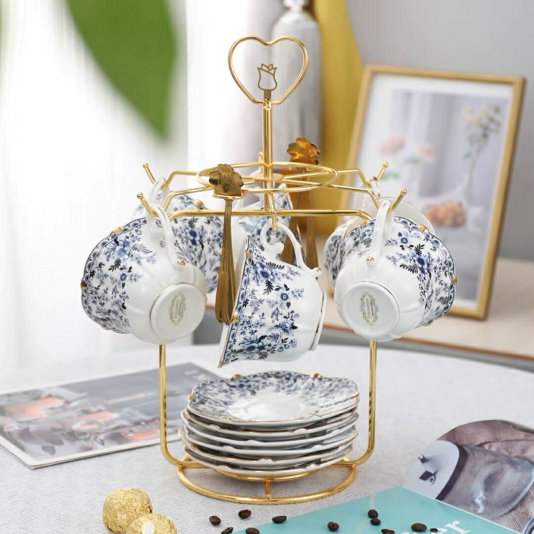 A039416西洋調ティーカップセット 花柄陶器 高級感 カップ＆ソーサー 6客コーヒーカップ