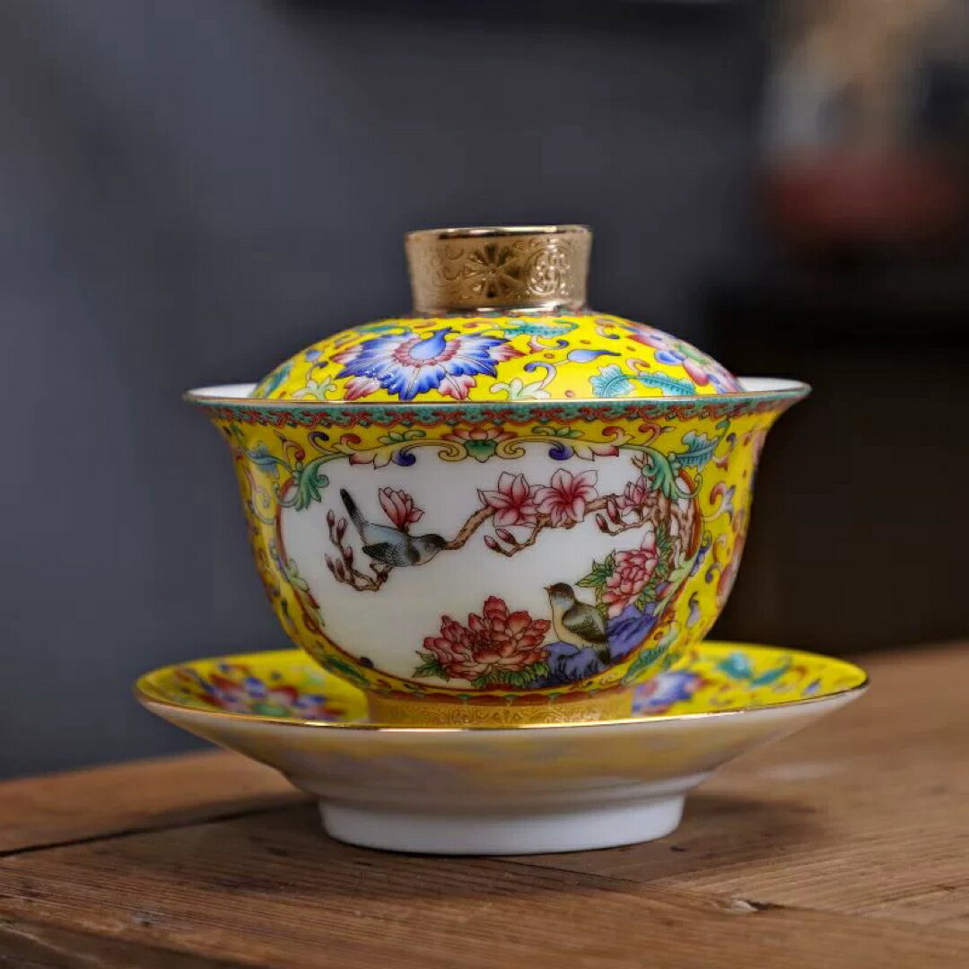 蓋碗　琺瑯彩 茶杯セット 茶器　三才碗 花柄 耐熱 陶磁器製の中国茶器 1客