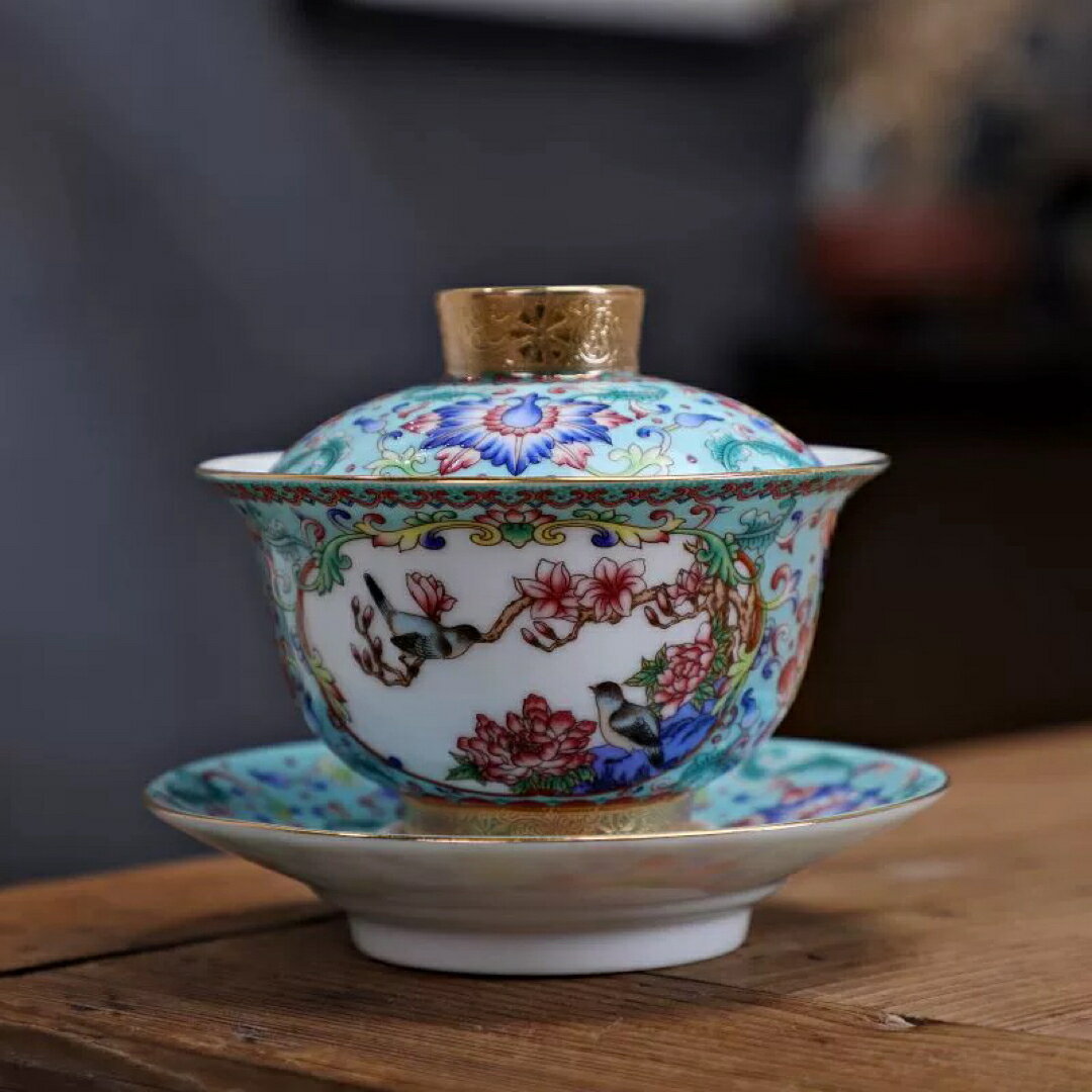蓋碗　琺瑯彩 茶杯セット 茶器　三才碗 花柄 耐熱 陶磁器製の中国茶器 1客