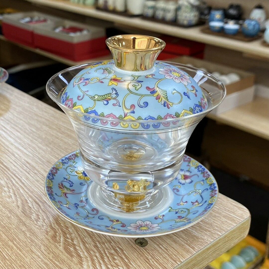 A039563金箔入れ　茶器ガラス蓋碗 135ml 磁器蓋と受け皿付き（花模様）高級 食器
