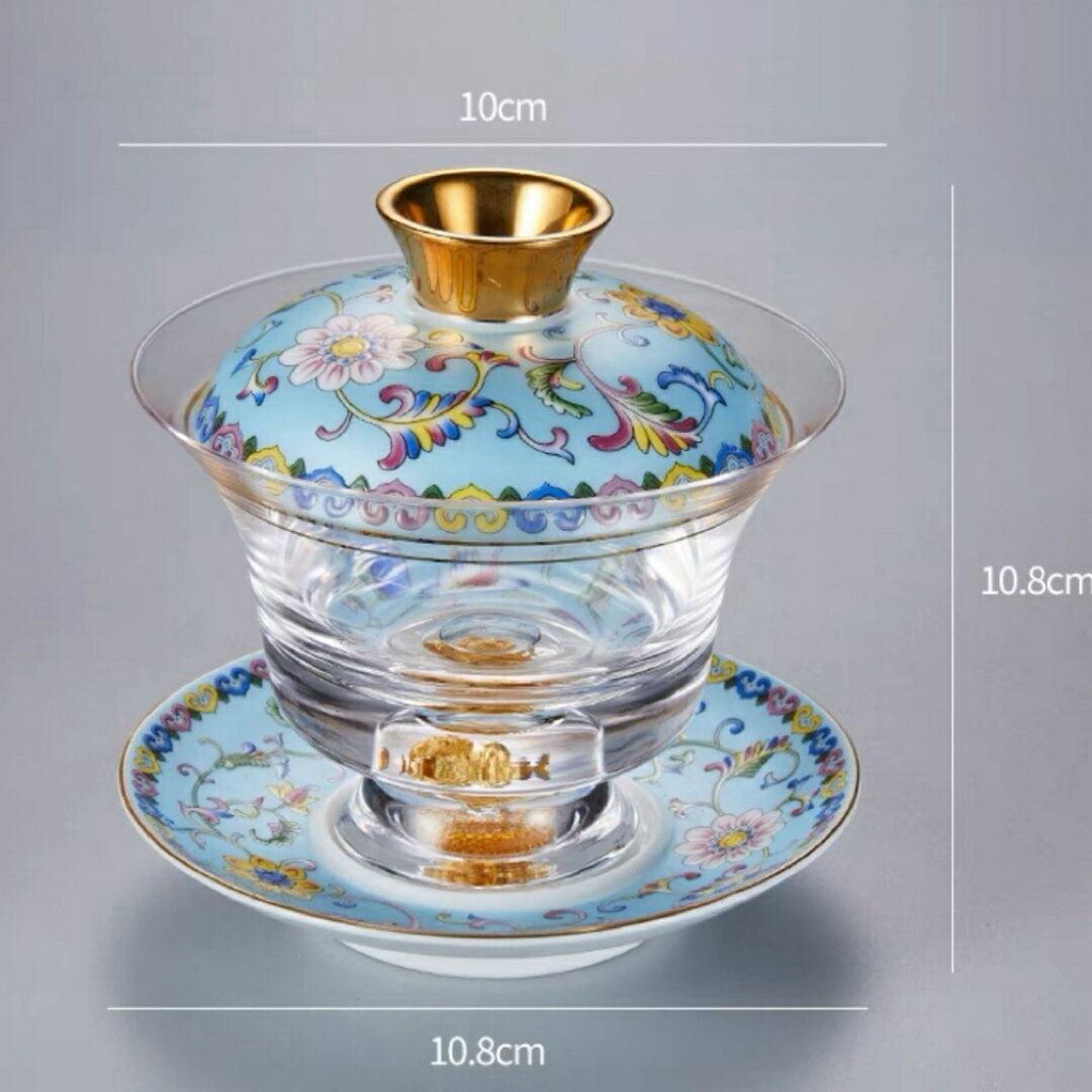 A039567金箔入れ　茶器ガラス蓋碗 135ml 磁器蓋と受け皿付き（花模様）高級 食器