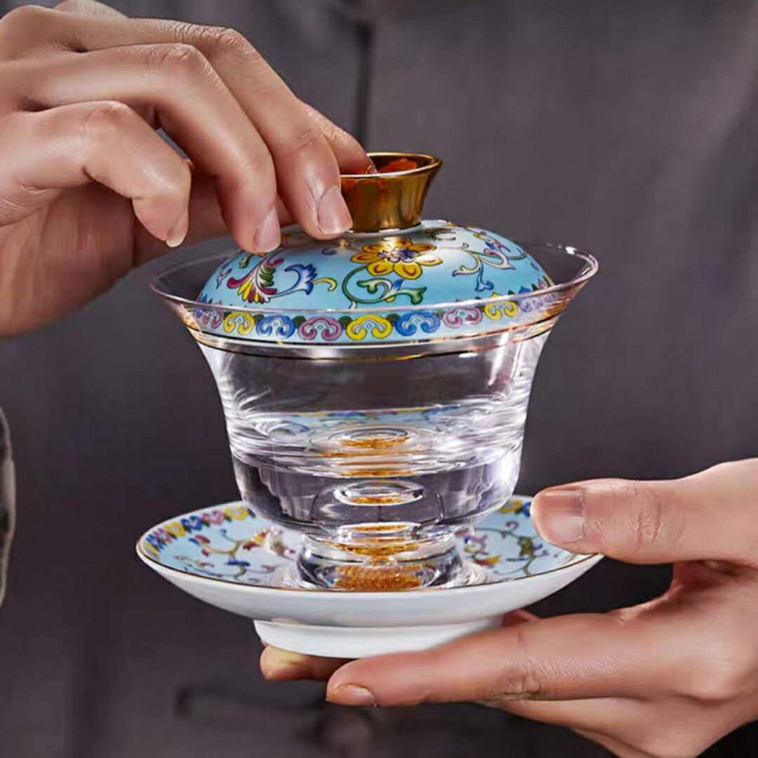 A039567金箔入れ　茶器ガラス蓋碗 135ml 磁器蓋と受け皿付き（花模様）高級 食器