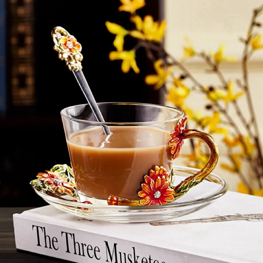 A039595ガラス製ティーコーヒーカップ カップ＆ソーサー1客 花柄 琺瑯質彩カップ