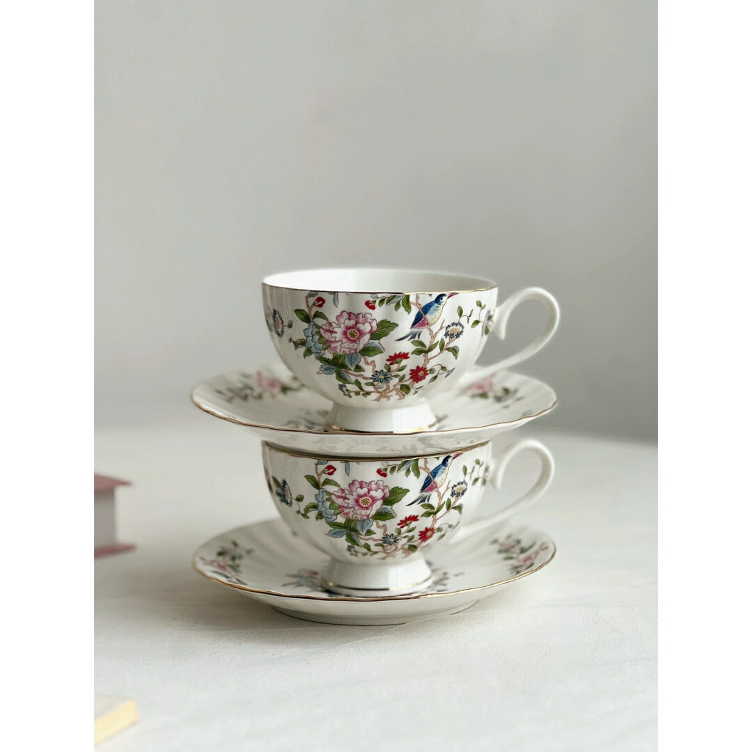 A039622花柄ティー・コーヒーカップセット カップ＆ソーサー2客セット ．陶器ティ...