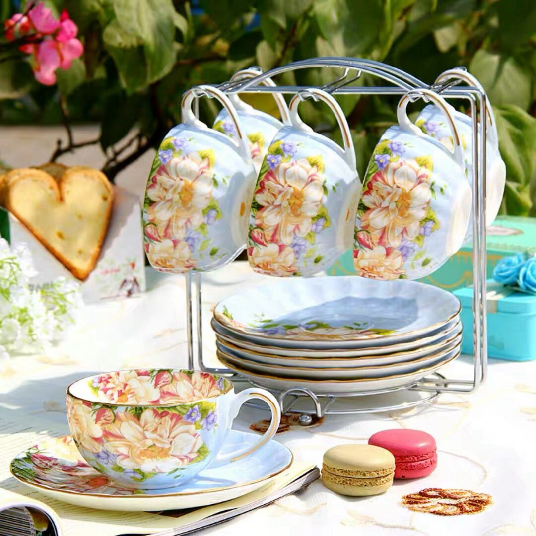 A033744花柄 高級感ティー・コーヒーカップセット カップ＆ソーサー 6客セット 陶磁器