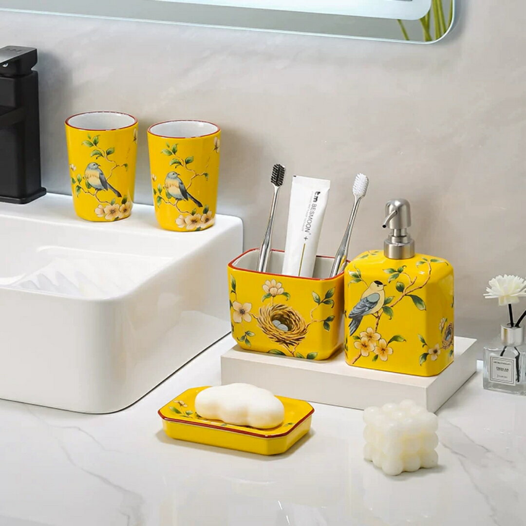 A034170洗面用品 サニタリー5点セットディスペンサー 歯ブラシスタンド 洗面所 花柄