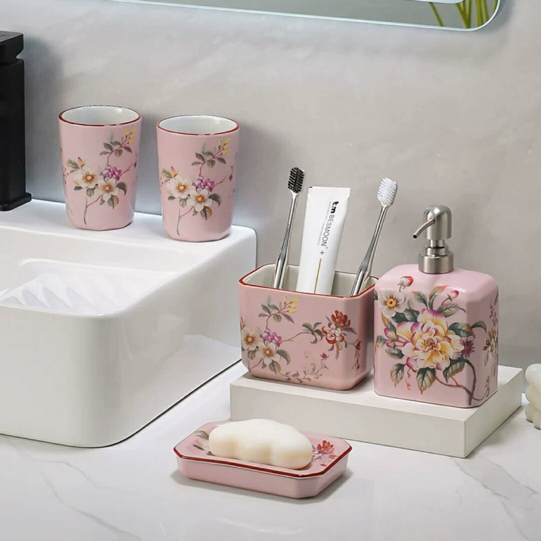A034173洗面用品 サニタリー5点セットディスペンサー 歯ブラシスタンド 洗面所 花柄