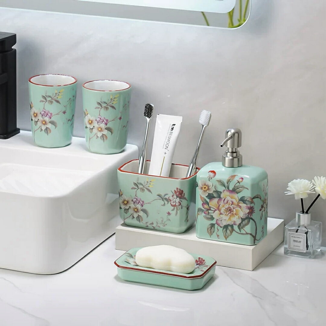 A034174洗面用品 サニタリー5点セットディスペンサー 歯ブラシスタンド 洗面所 花柄