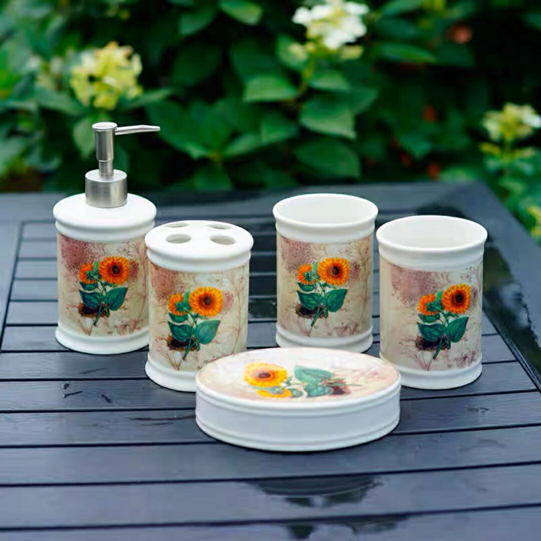 A034213洗面用品 サニタリー5点セットディスペンサー 歯ブラシスタンド 洗面所