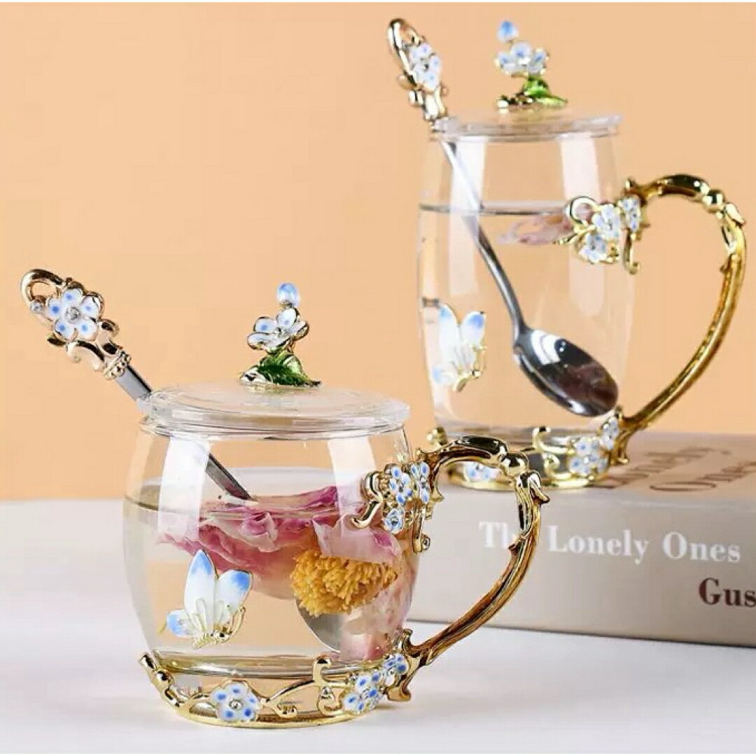 Rakuten - A035001花柄 コーヒーカップ ガラス製 ティーカップ 2客セット食器 コーヒーカップ