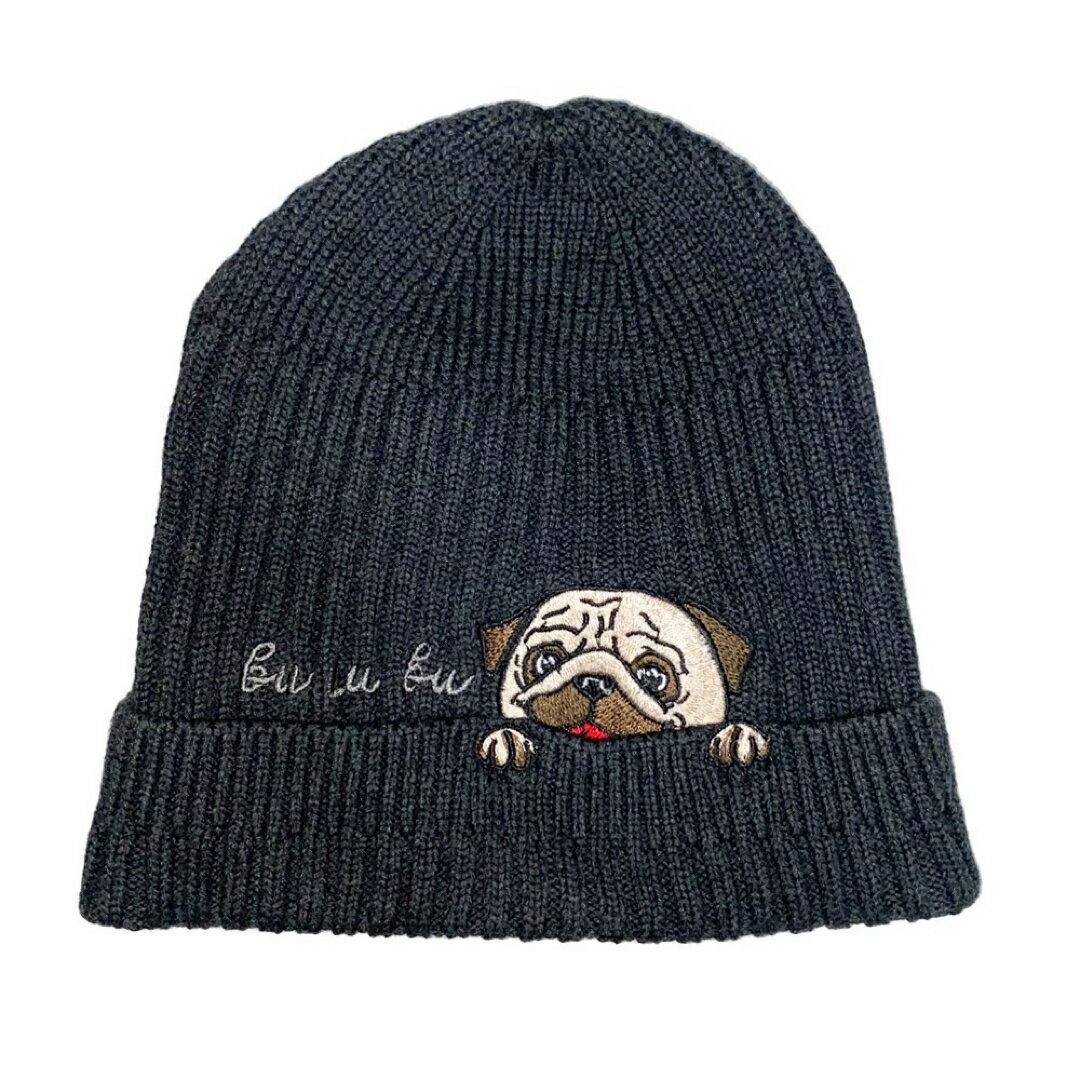 a063164パグpug 刺繍キャップ 帽子 ニット帽 犬雑貨・犬グッズ 犬柄