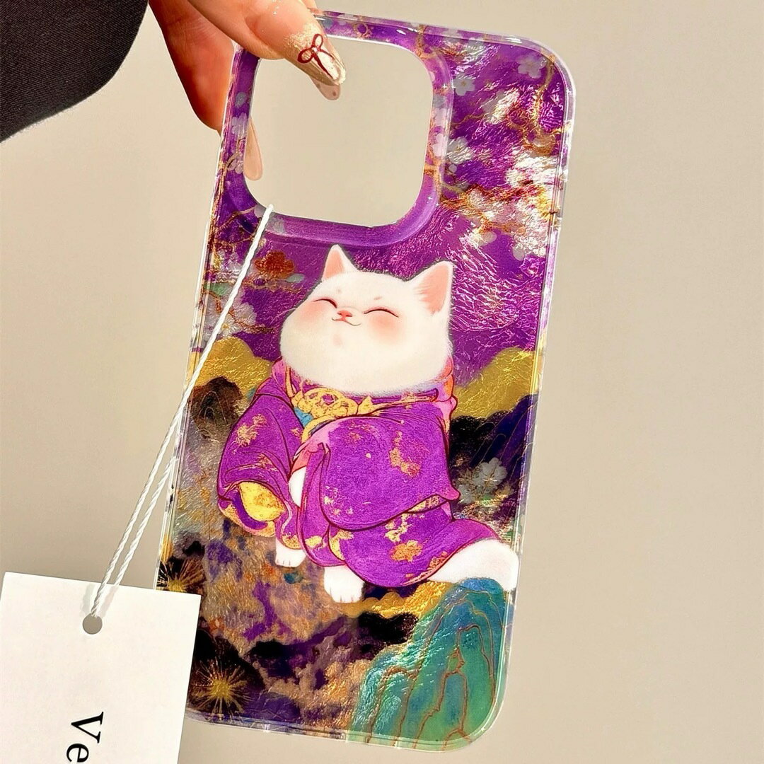 a063325和服猫デザイン iPhoneケース 紫 きらきら金箔アート 縁起物 全機種対応