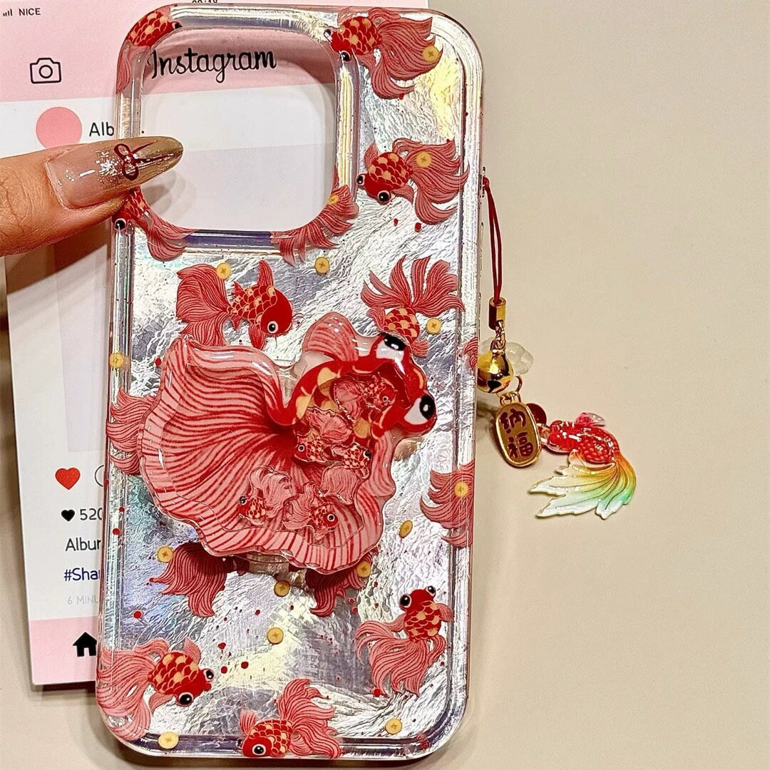 a0633313D金魚グリップ付き iPhoneケース 和風デザイン きらきら 全機種対応