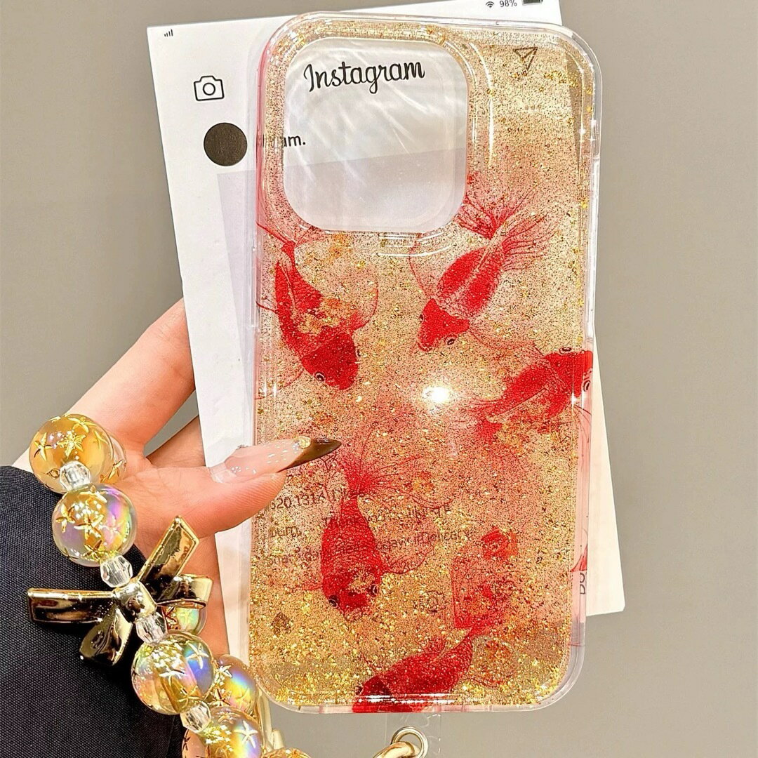 a063333金魚デザイン iPhoneケース 金箔アート きらきらラメ和風モチーフ全機種対応