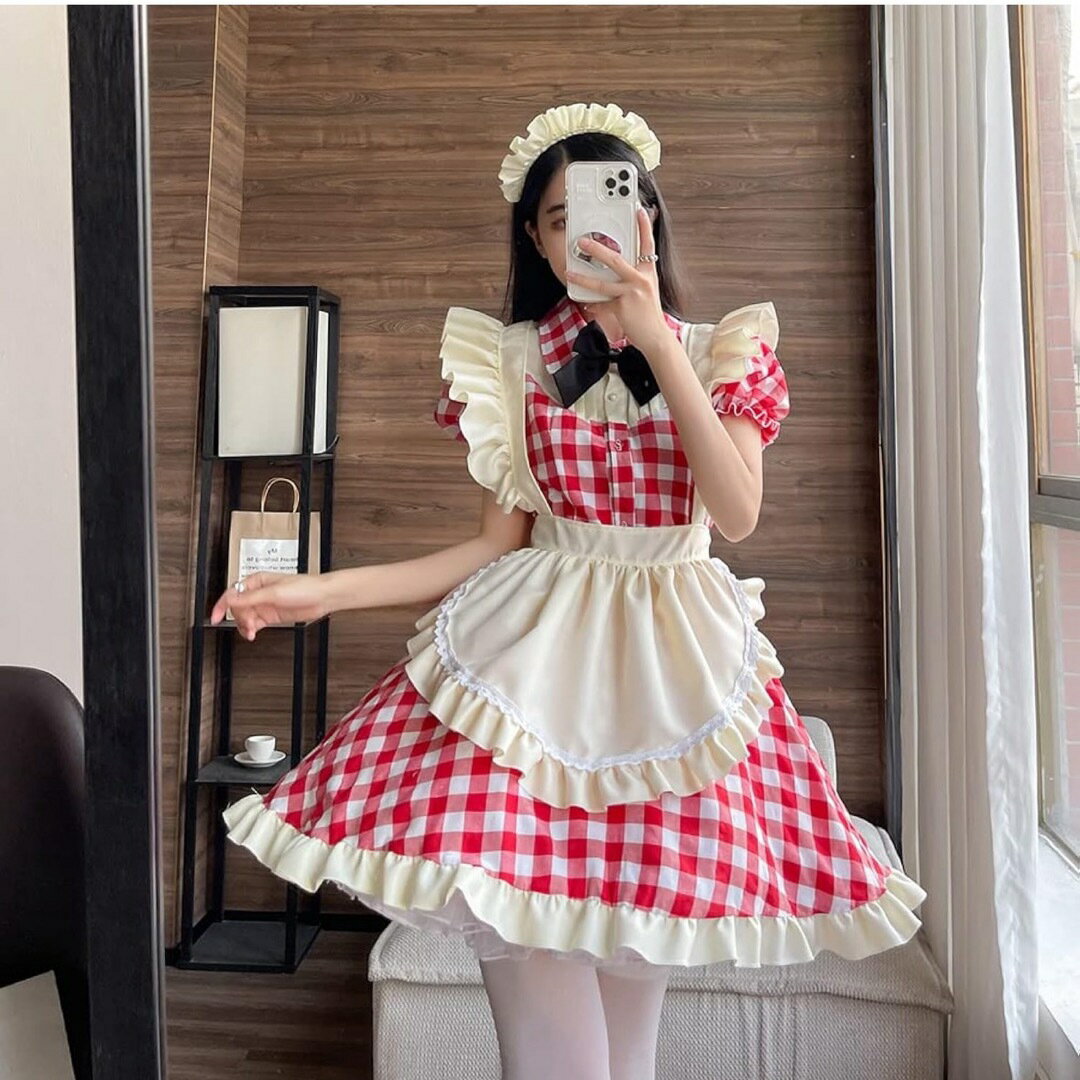 a063435メイド服 チェック柄 喫茶店 レッド ブラック コスプレ ワンピース ロリータ