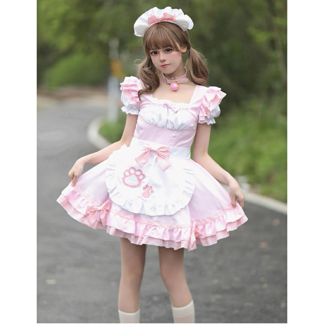 a063436メイド服 コスプレ ゴスロリ萌え 猫 メイドコスチューム チェック柄 ロリータ