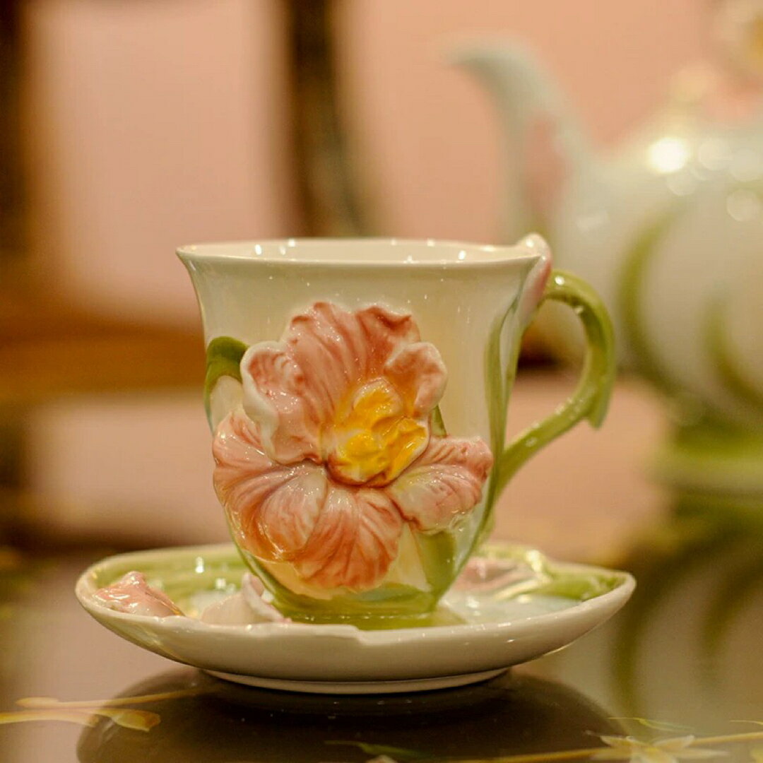 a063910陶器ティーカップ&ソーサー 3客セット ティーセット 高級 花柄