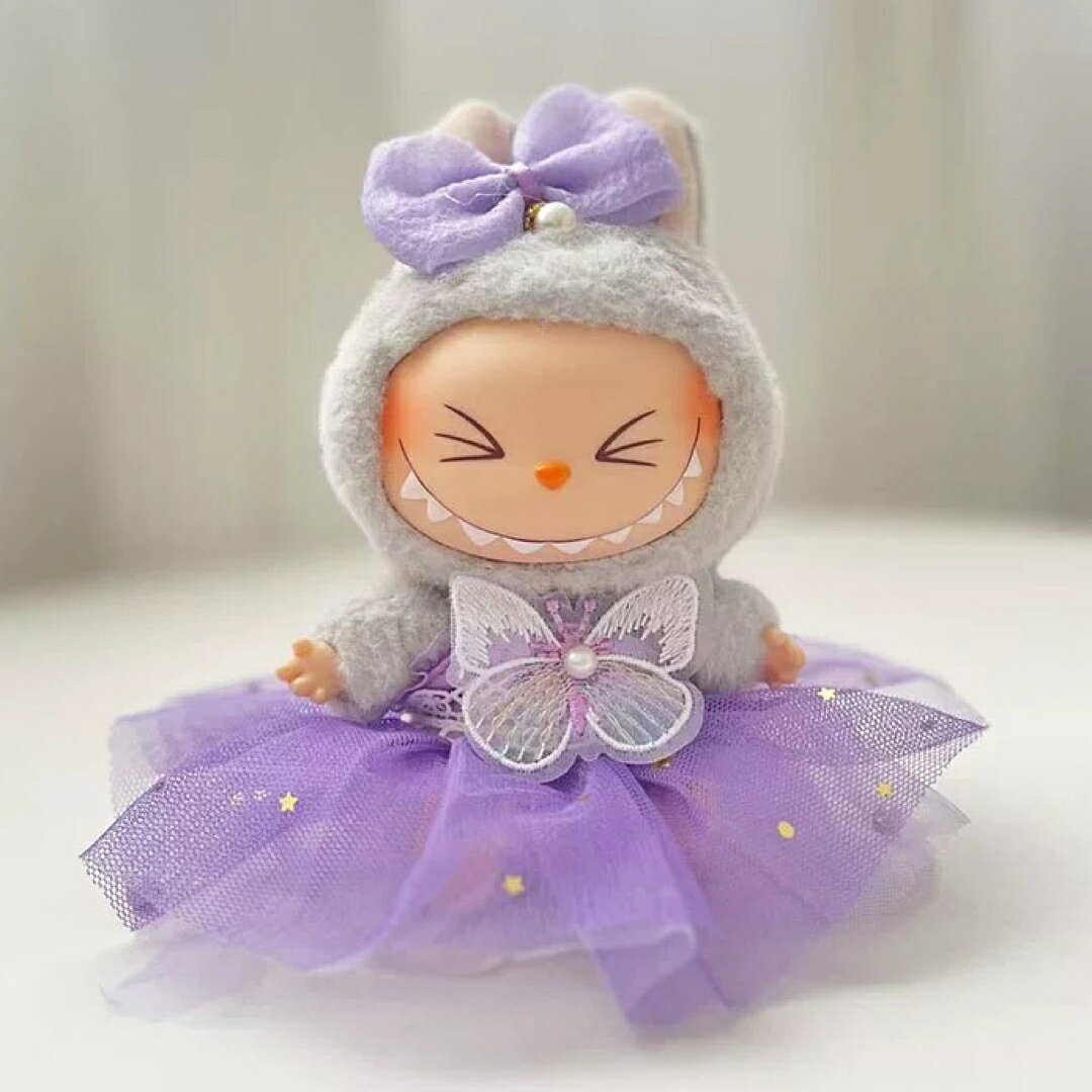 A066179Labubuラブブぬいぐるみ服 ドレス風コスプレ パープルチュール蝶飾り付き衣装