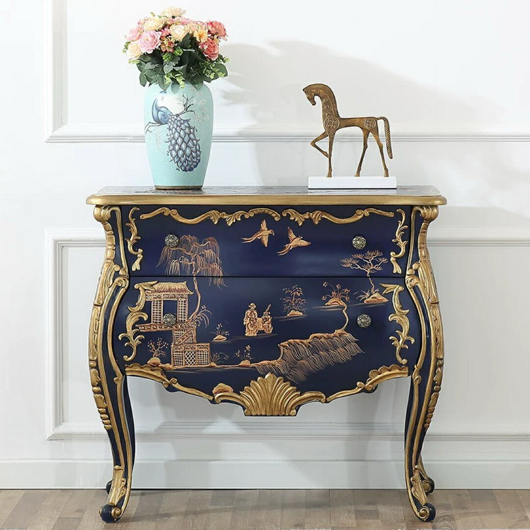 A066259ロココ調 手描き チェスト アンティーク家具 高級収納 キャビネット ネイビー