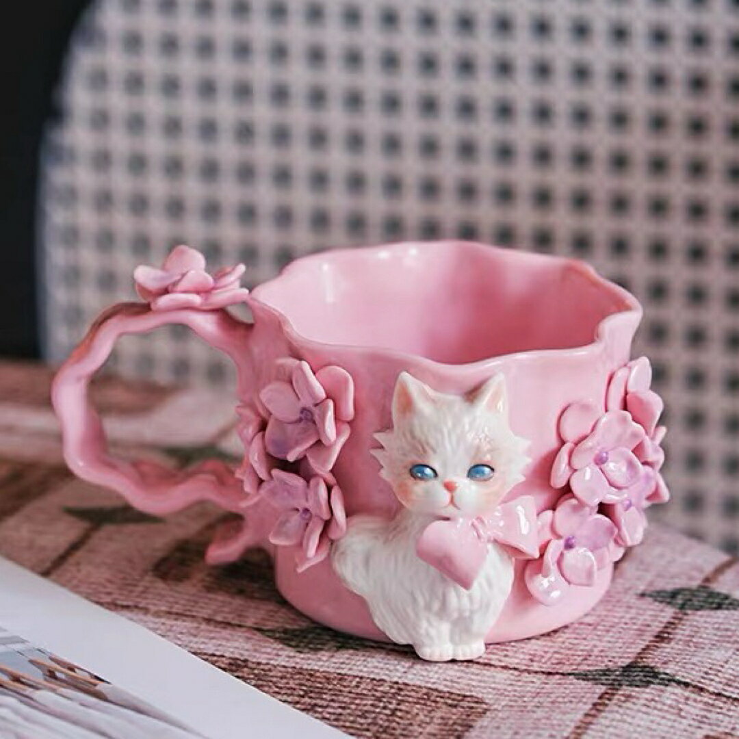 A066466猫 マグカップ ピンク花 立体コーヒーカップ陶器ティーカップインテリア食器